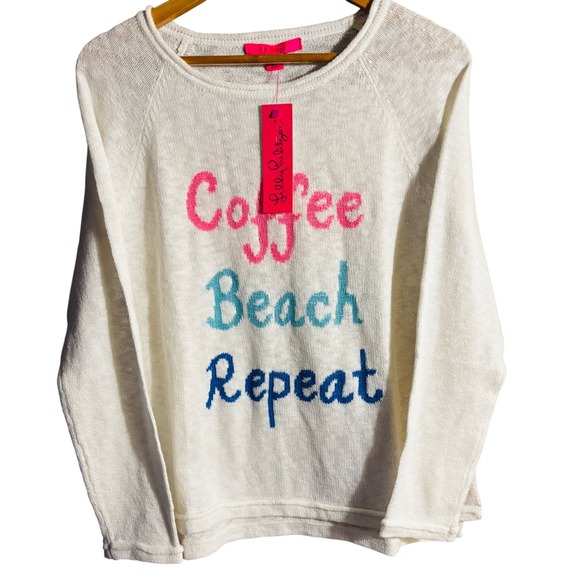 Lilly Pulitzer Danette Sweater Coffee Beach Repeat Graphic Resort White M - Picture 1 of 9